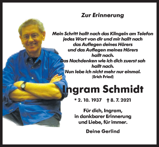 Traueranzeige von Ingram Schmidt von Stuttgarter Zeitung / Stuttgarter Nachrichten
