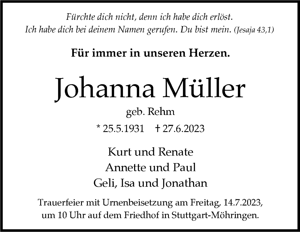  Traueranzeige für Johanna Müller vom 08.07.2023 aus Stuttgarter Zeitung / Stuttgarter Nachrichten