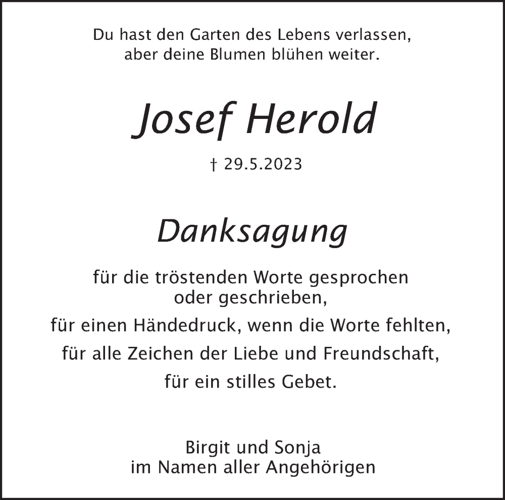  Traueranzeige für Josef Herold vom 14.07.2023 aus Stuttgarter Zeitung / Stuttgarter Nachrichten