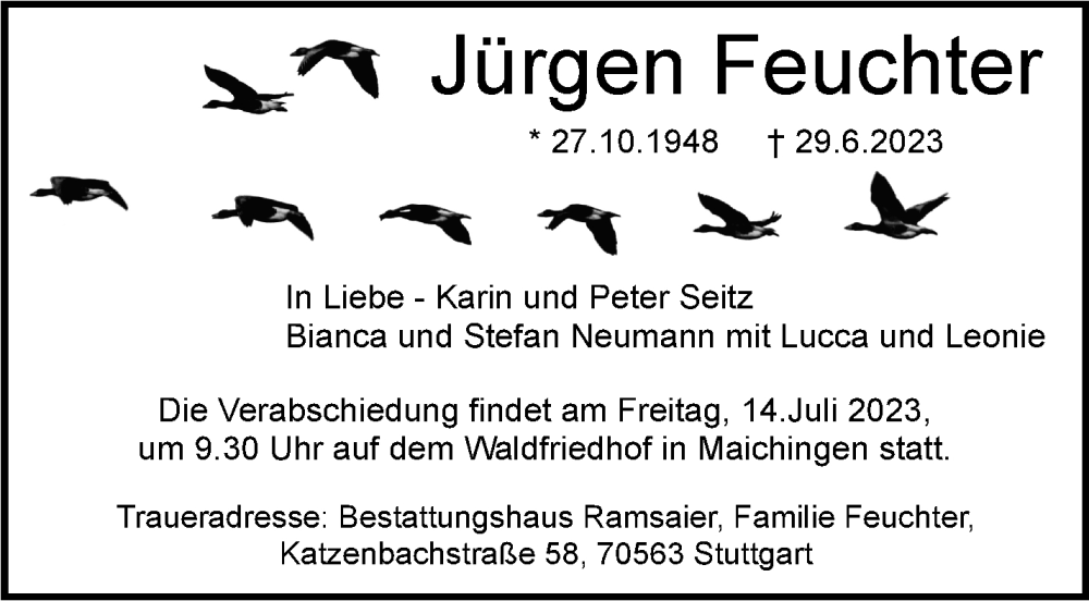  Traueranzeige für Jürgen Feuchter vom 08.07.2023 aus Stuttgarter Zeitung / Stuttgarter Nachrichten