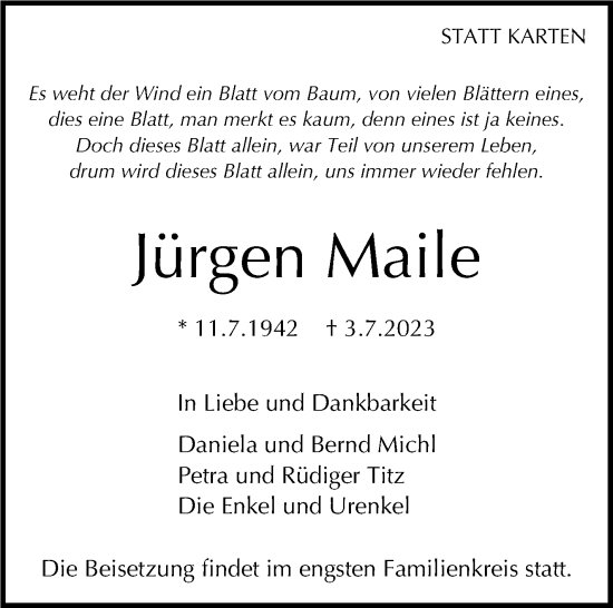 Traueranzeige von Jürgen Maile von Stuttgarter Zeitung / Stuttgarter Nachrichten