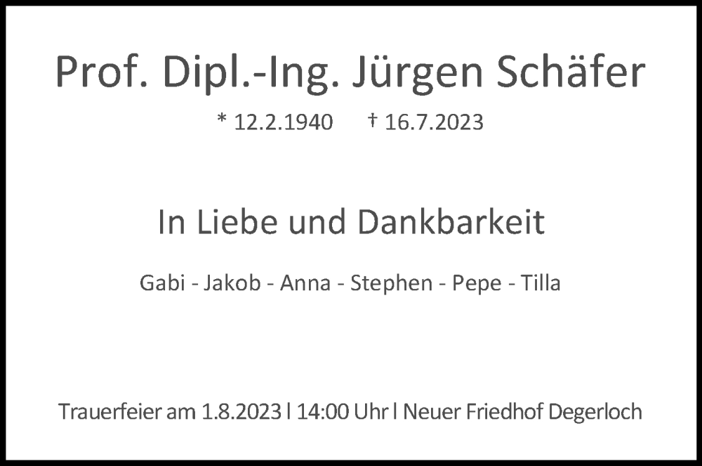  Traueranzeige für Jürgen Schäfer vom 29.07.2023 aus Stuttgarter Zeitung / Stuttgarter Nachrichten