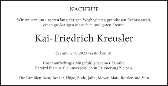 Traueranzeige von Kai-Friedrich Kreusler von Stuttgarter Zeitung / Stuttgarter Nachrichten