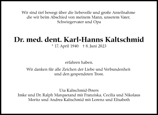 Traueranzeige von Karl-Hanns Kaltschmid von Stuttgarter Zeitung / Stuttgarter Nachrichten