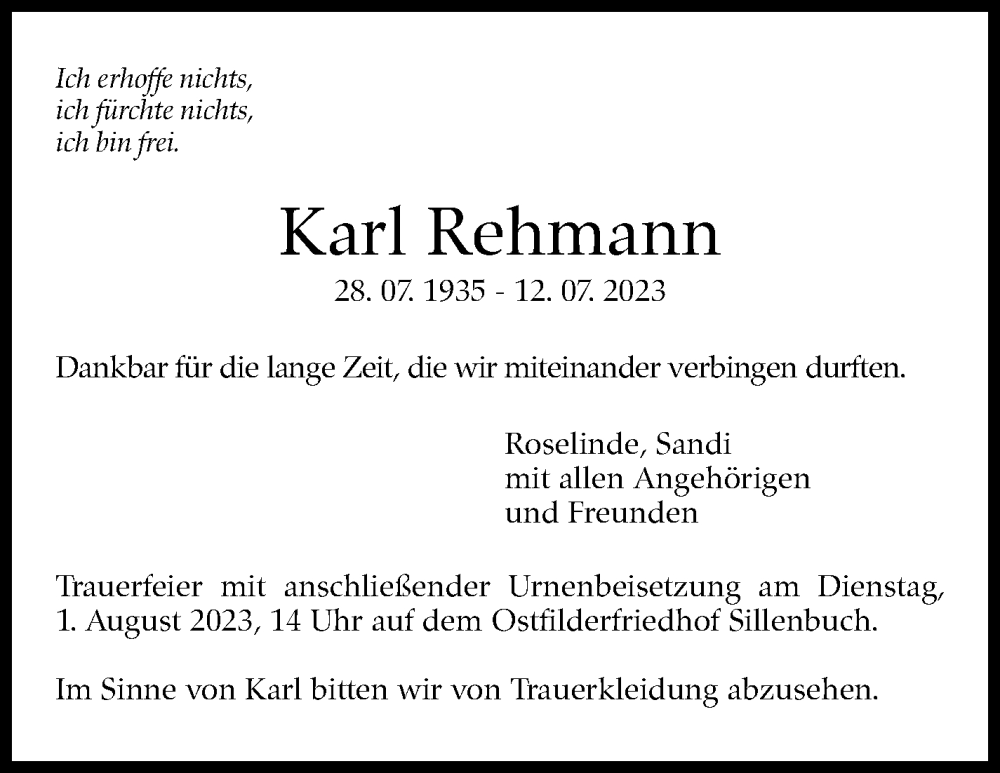  Traueranzeige für Karl Rehmann vom 25.07.2023 aus Stuttgarter Zeitung / Stuttgarter Nachrichten
