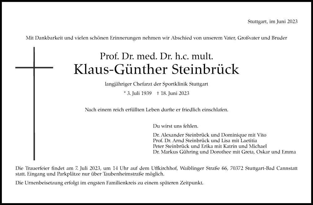  Traueranzeige für Klaus-Günther Steinbrück vom 01.07.2023 aus Stuttgarter Zeitung / Stuttgarter Nachrichten