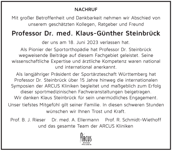 Traueranzeige von Klaus-Günther Steinbrück von Stuttgarter Zeitung / Stuttgarter Nachrichten