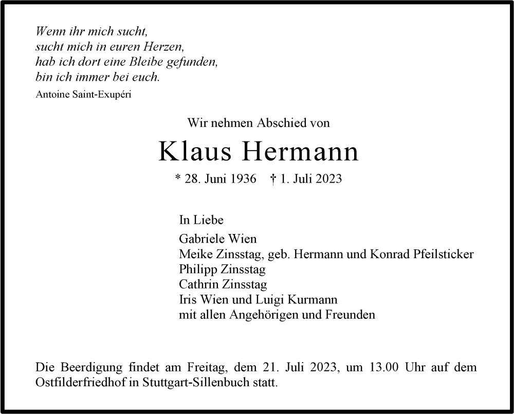  Traueranzeige für Klaus Hermann vom 08.07.2023 aus Stuttgarter Zeitung / Stuttgarter Nachrichten