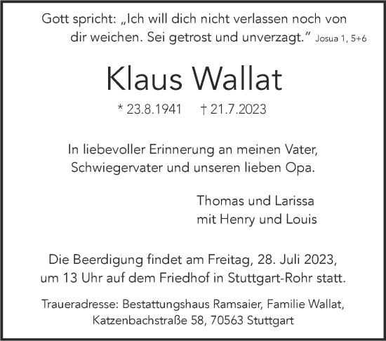 Traueranzeige von Klaus Wallat von Stuttgarter Zeitung / Stuttgarter Nachrichten