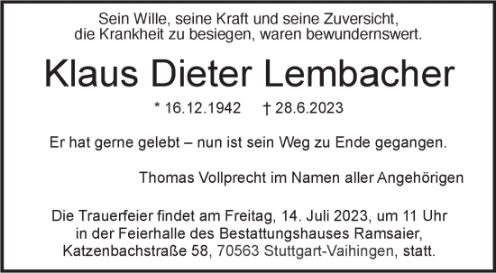 Traueranzeige von Klaus Dieter Lembacher von Stuttgarter Zeitung / Stuttgarter Nachrichten