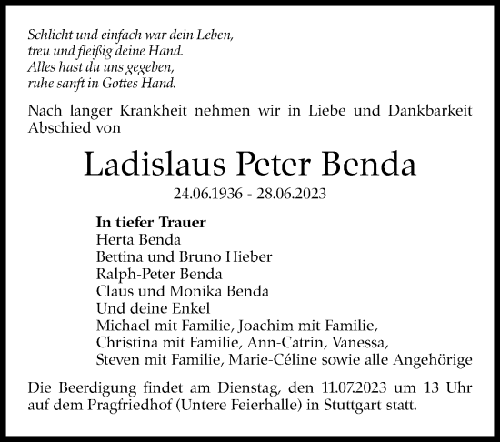 Traueranzeige von Ladislaus Peter Benda von Stuttgarter Zeitung / Stuttgarter Nachrichten
