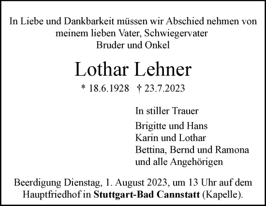 Traueranzeige von Lothar Lehner von Stuttgarter Zeitung / Stuttgarter Nachrichten