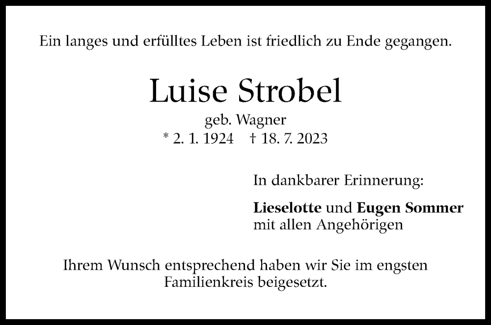  Traueranzeige für Luise Strobel vom 28.07.2023 aus Stuttgarter Zeitung / Stuttgarter Nachrichten