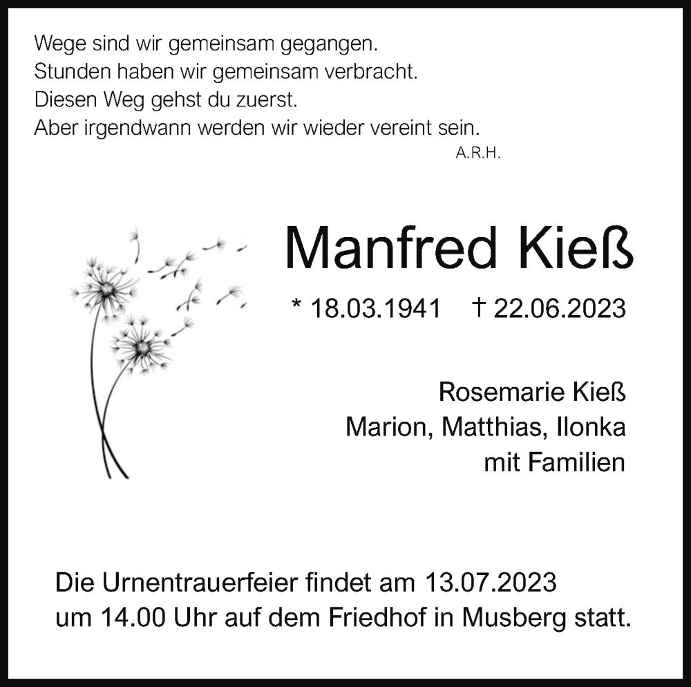  Traueranzeige für Manfred Kieß vom 08.07.2023 aus Stuttgarter Zeitung / Stuttgarter Nachrichten