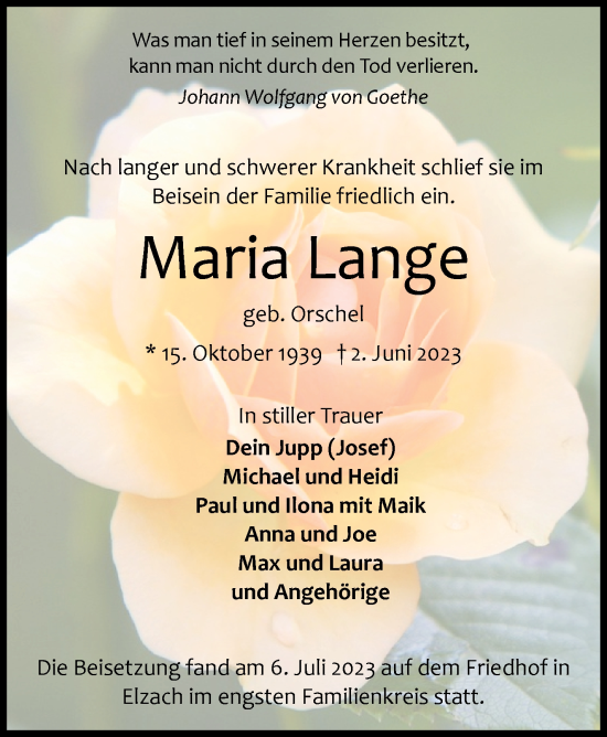 Traueranzeige von Maria Lange von Stuttgarter Zeitung / Stuttgarter Nachrichten