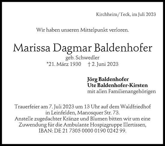 Traueranzeige von Marissa Dagmar Baldenhofer von Stuttgarter Zeitung / Stuttgarter Nachrichten