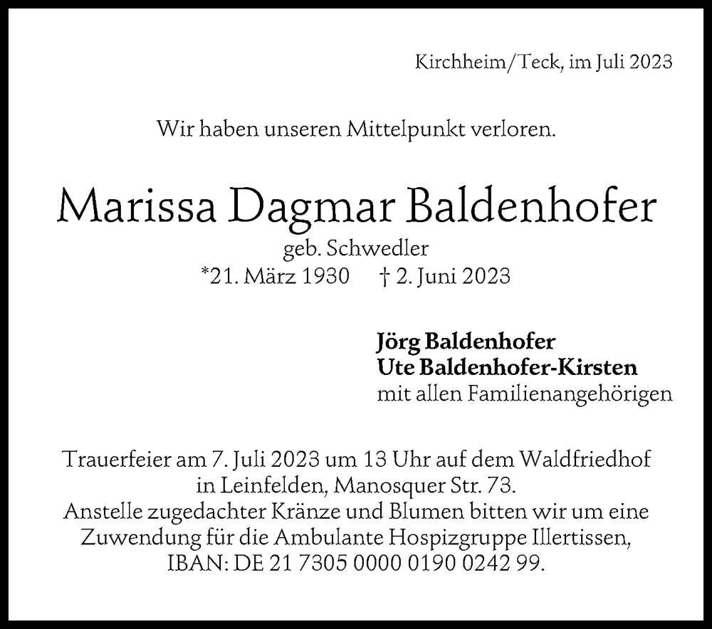  Traueranzeige für Marissa Dagmar Baldenhofer vom 01.07.2023 aus Stuttgarter Zeitung / Stuttgarter Nachrichten