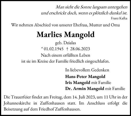 Traueranzeige von Marlies Mangold von Stuttgarter Zeitung / Stuttgarter Nachrichten