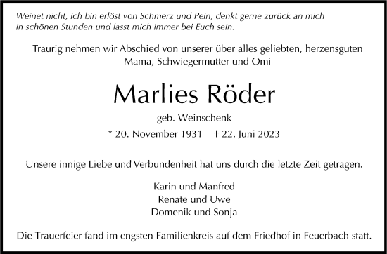 Traueranzeige von Marlies Röder von Stuttgarter Zeitung / Stuttgarter Nachrichten