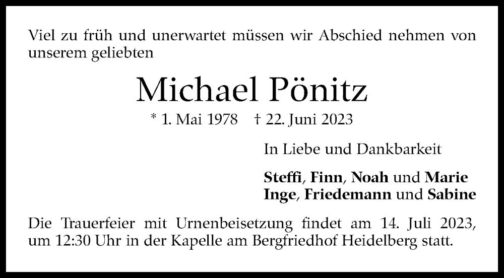  Traueranzeige für Michael Pönitz vom 08.07.2023 aus Stuttgarter Zeitung / Stuttgarter Nachrichten