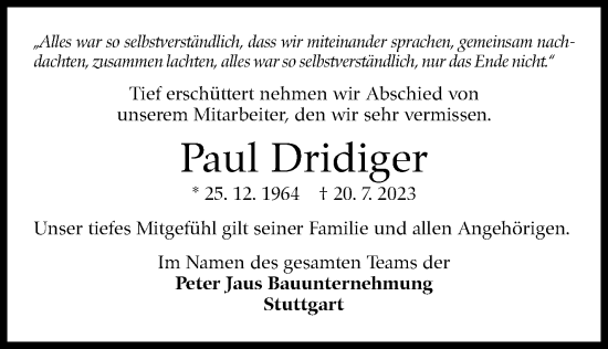 Traueranzeige von Paul Dridiger von Stuttgarter Zeitung / Stuttgarter Nachrichten