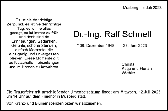 Traueranzeige von Ralf Schnell von Stuttgarter Zeitung / Stuttgarter Nachrichten