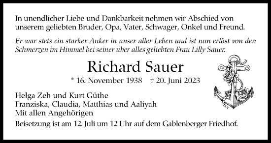 Traueranzeige von Richard Sauer von Stuttgarter Zeitung / Stuttgarter Nachrichten
