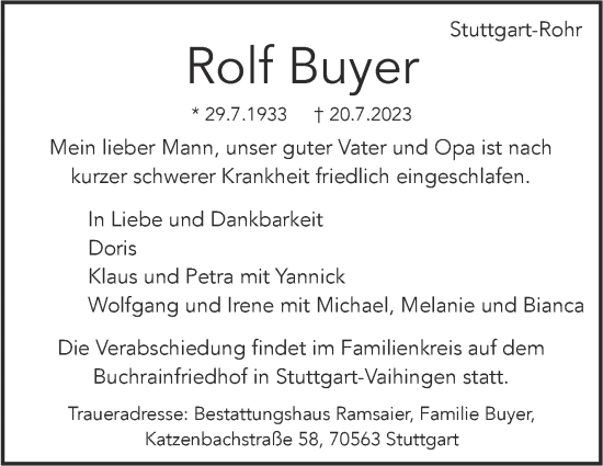Traueranzeige von Rolf Buyer von Stuttgarter Zeitung / Stuttgarter Nachrichten