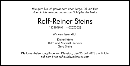 Traueranzeige von Rolf-Reiner Steins von Stuttgarter Zeitung / Stuttgarter Nachrichten