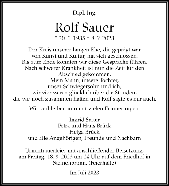 Traueranzeige von Rolf Sauer von Stuttgarter Zeitung / Stuttgarter Nachrichten