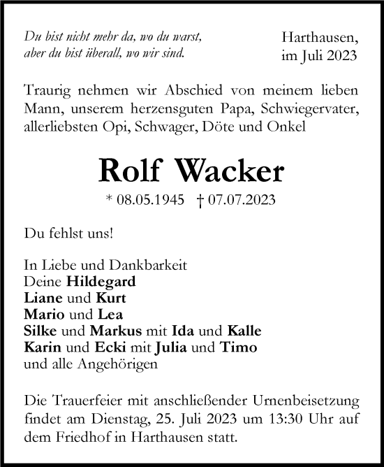 Traueranzeige von Rolf Wacker von Stuttgarter Zeitung / Stuttgarter Nachrichten
