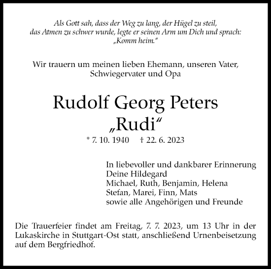 Traueranzeige von Rudolf Georg Peters von Stuttgarter Zeitung / Stuttgarter Nachrichten