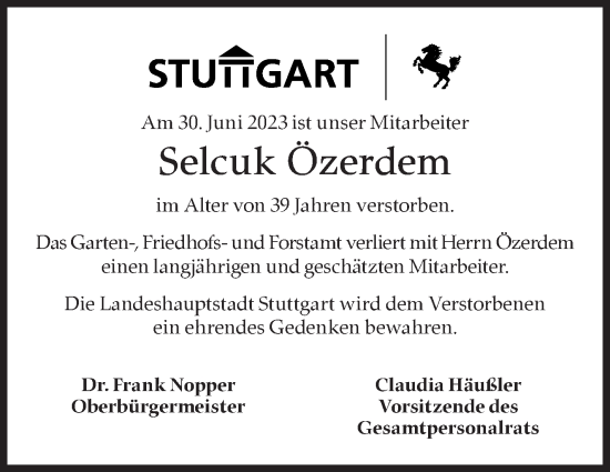 Traueranzeige von Selcuk Özerdem von Stuttgarter Zeitung / Stuttgarter Nachrichten