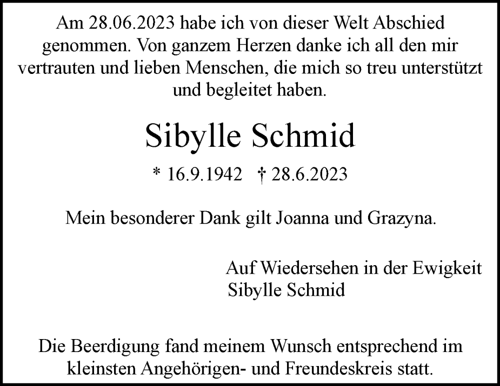  Traueranzeige für Sibylle Schmid vom 08.07.2023 aus Stuttgarter Zeitung / Stuttgarter Nachrichten