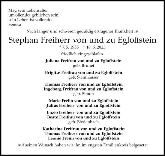 Traueranzeige von Stephan Freiherr von und zu Egloffstein von Stuttgarter Zeitung / Stuttgarter Nachrichten