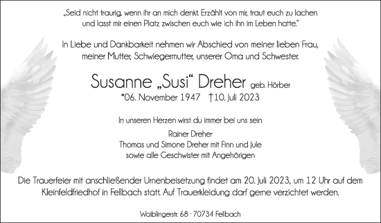 Traueranzeige von Susanne  Dreher von Stuttgarter Zeitung / Stuttgarter Nachrichten