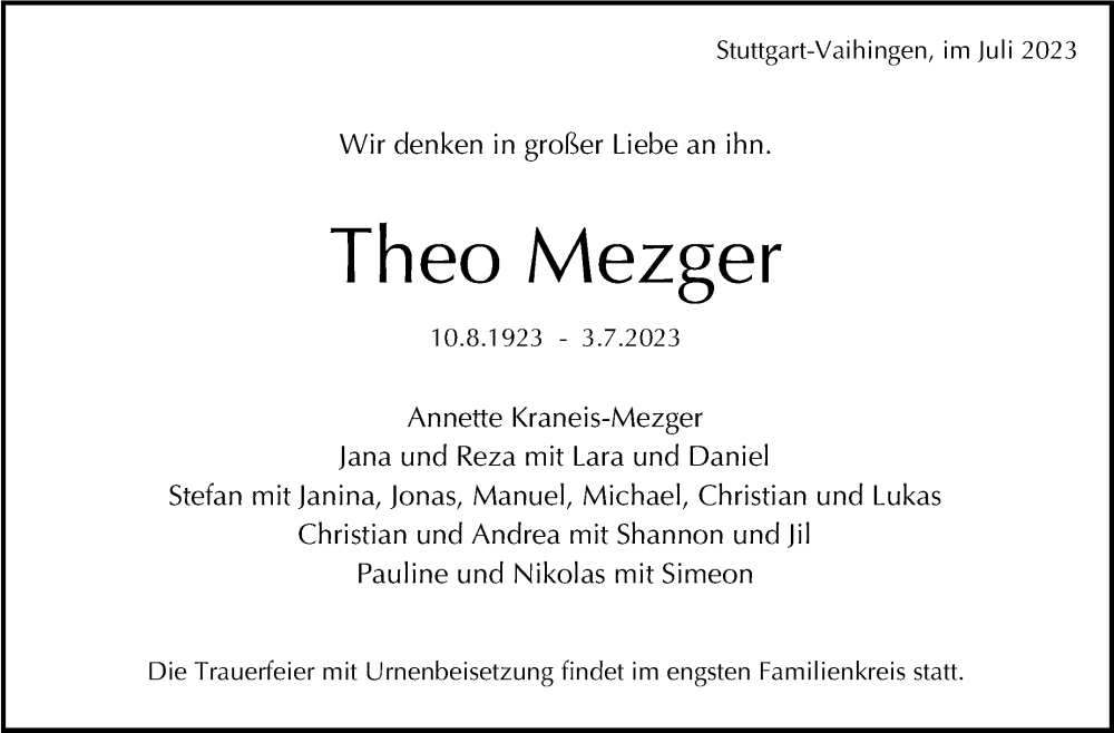  Traueranzeige für Theo Mezger vom 08.07.2023 aus Stuttgarter Zeitung / Stuttgarter Nachrichten