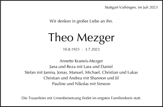 Traueranzeige von Theo Mezger von Stuttgarter Zeitung / Stuttgarter Nachrichten