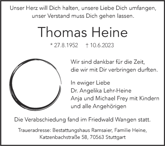 Traueranzeige von Thomas Heine von Stuttgarter Zeitung / Stuttgarter Nachrichten