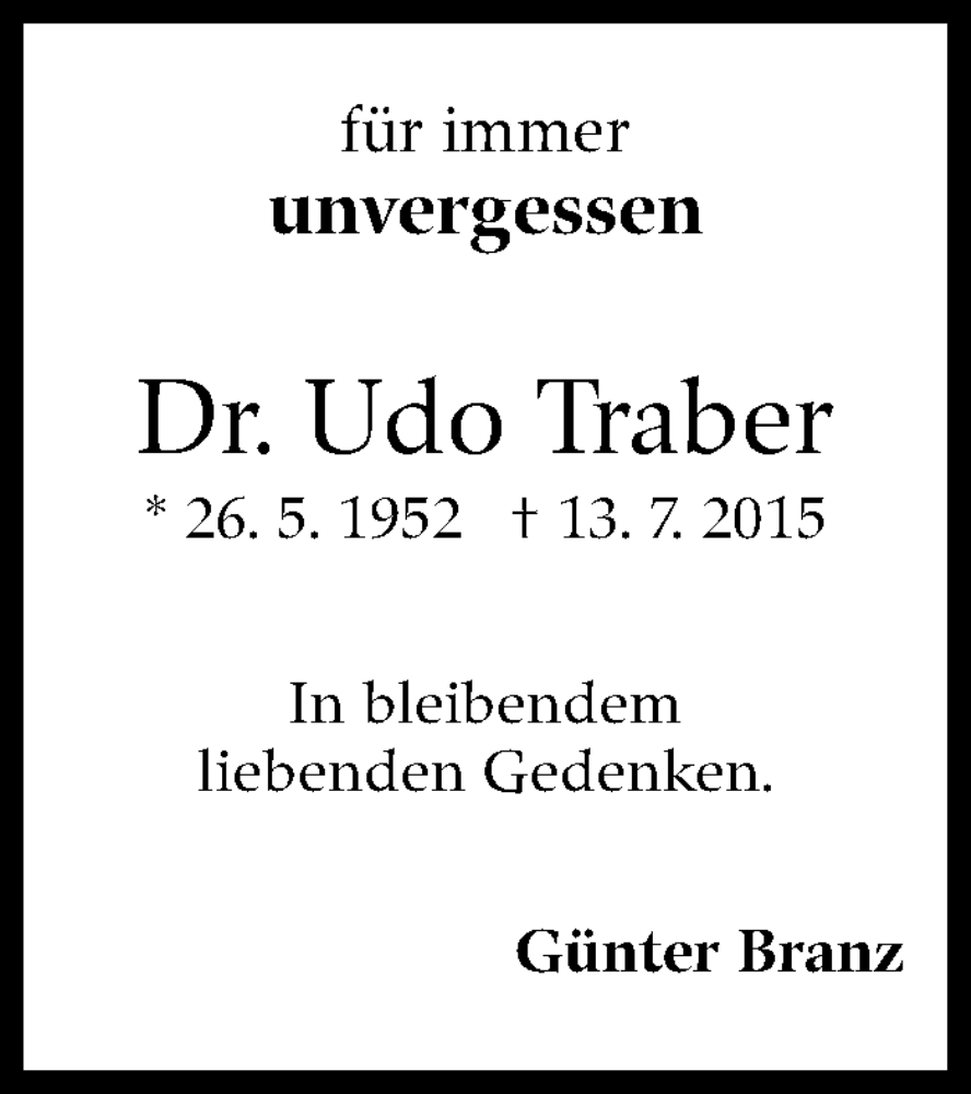  Traueranzeige für Udo Traber vom 13.07.2023 aus Stuttgarter Zeitung / Stuttgarter Nachrichten