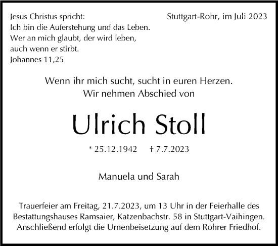 Traueranzeige von Ulrich Stoll von Stuttgarter Zeitung / Stuttgarter Nachrichten