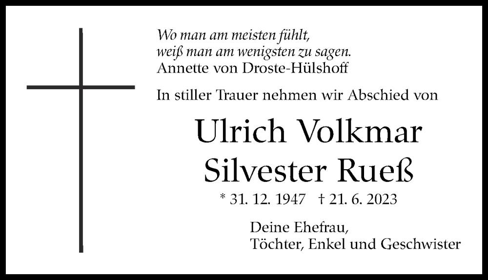  Traueranzeige für Ulrich Volkmar Silvester Rueß vom 12.07.2023 aus Stuttgarter Zeitung / Stuttgarter Nachrichten
