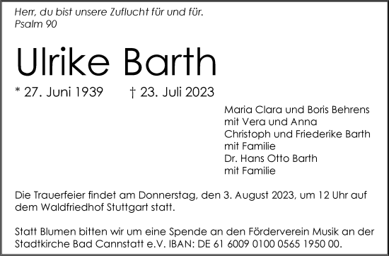 Traueranzeige von Ulrike Barth von Stuttgarter Zeitung / Stuttgarter Nachrichten