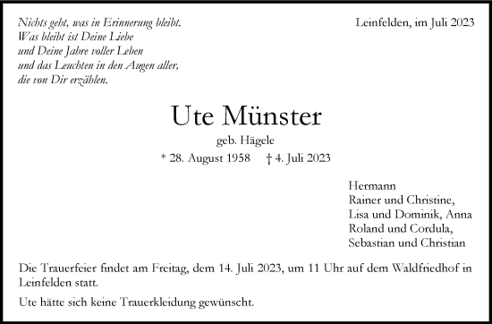 Traueranzeige von Ute Münster von Stuttgarter Zeitung / Stuttgarter Nachrichten