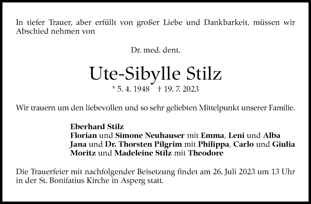  Traueranzeige für Ute-Sibylle Stilz vom 22.07.2023 aus Stuttgarter Zeitung / Stuttgarter Nachrichten