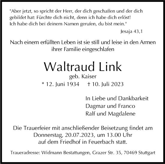 Traueranzeige von Waltraud Link von Stuttgarter Zeitung / Stuttgarter Nachrichten