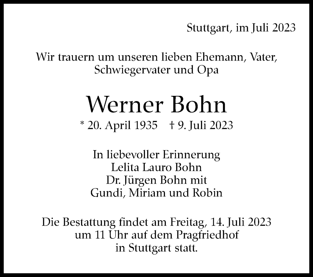  Traueranzeige für Werner Bohn vom 13.07.2023 aus Stuttgarter Zeitung / Stuttgarter Nachrichten