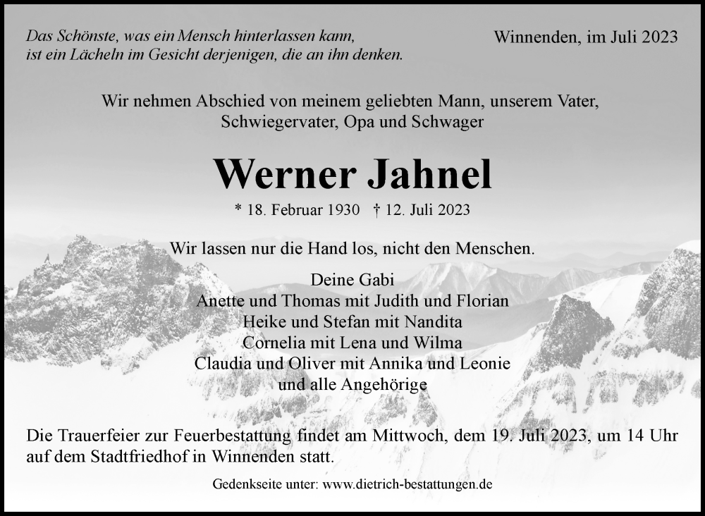  Traueranzeige für Werner Jahnel vom 18.07.2023 aus Stuttgarter Zeitung / Stuttgarter Nachrichten