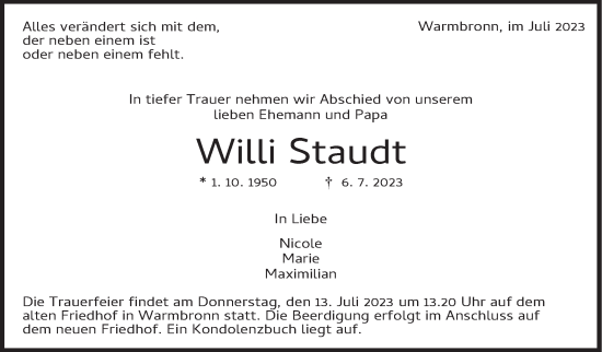 Traueranzeige von Willi Staudt von Stuttgarter Zeitung / Stuttgarter Nachrichten