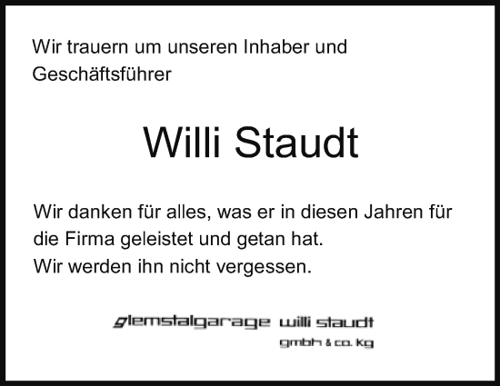Traueranzeige von Willi Staudt von Stuttgarter Zeitung / Stuttgarter Nachrichten